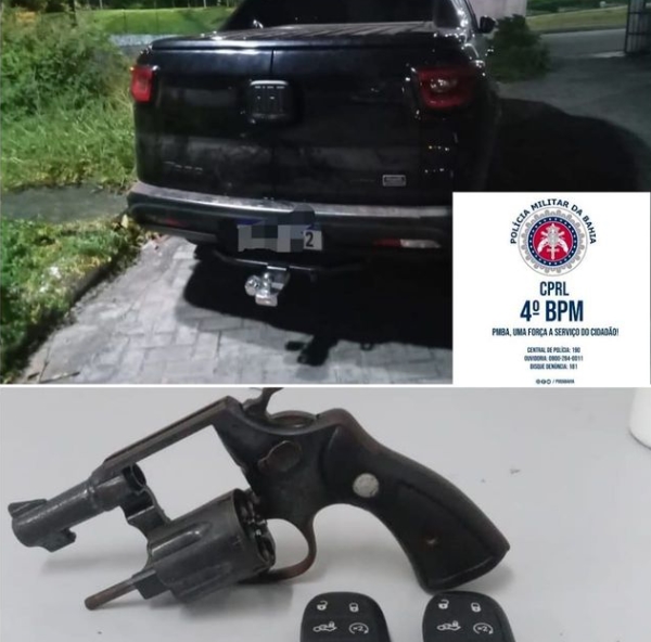 Policiais do Quarto Batalhão apreendem arma de fogo e recuperam veículo roubado em Araçás; Um dos meliantes foi morto